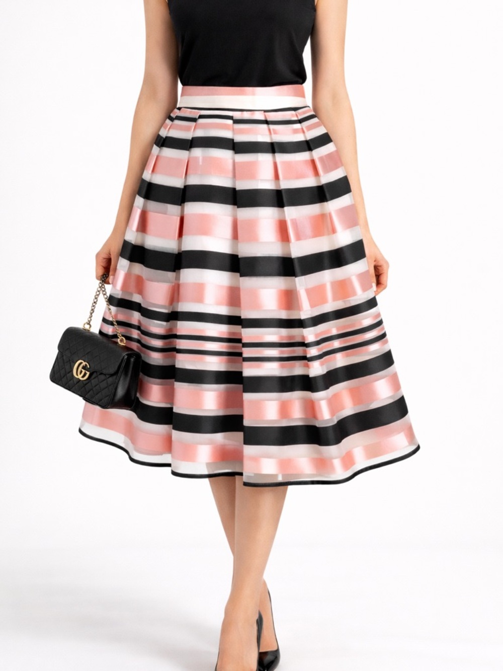Pink Tartan Satin Stripe Full Skirt